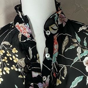 Women's Elegancia medium sheer ruffled button down black floral blouse  #W-117